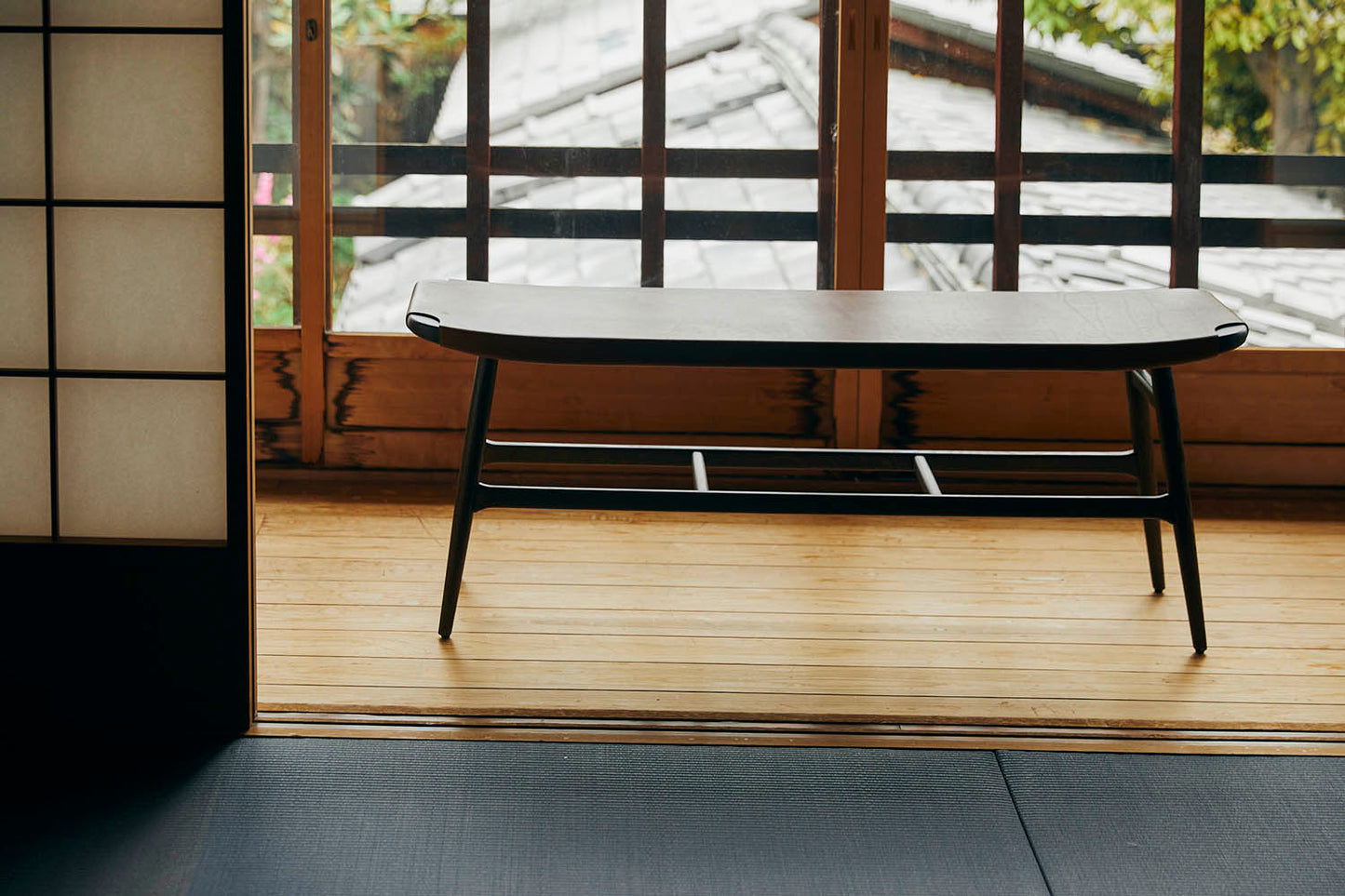 Freja bench in walnut / black leather from Stellar Works