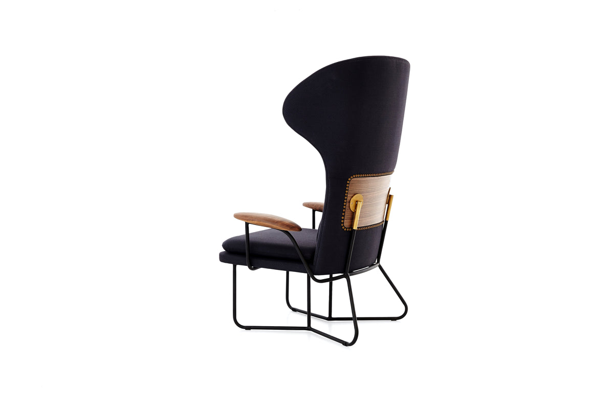 Chillax Highback lounge chair in walnut with fabric upholstery