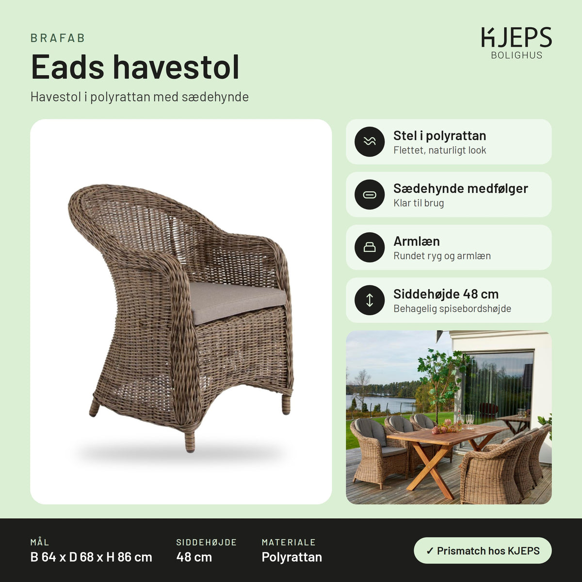 Brafab Eads havestol – infografik med mål og materialer