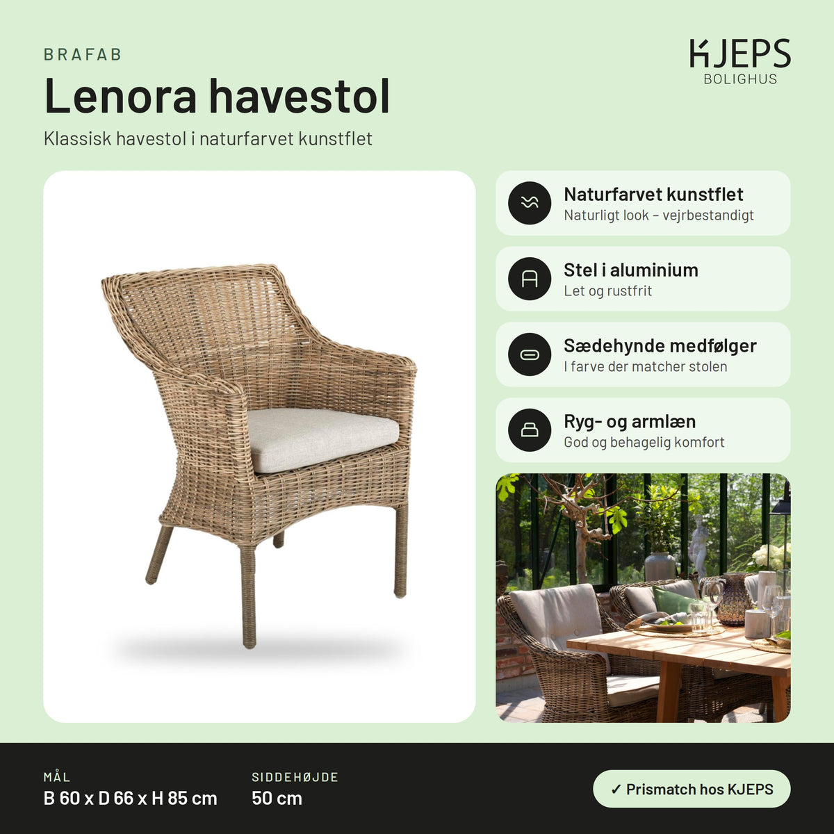 Brafab Lenora havestol – infografik med mål og materialer