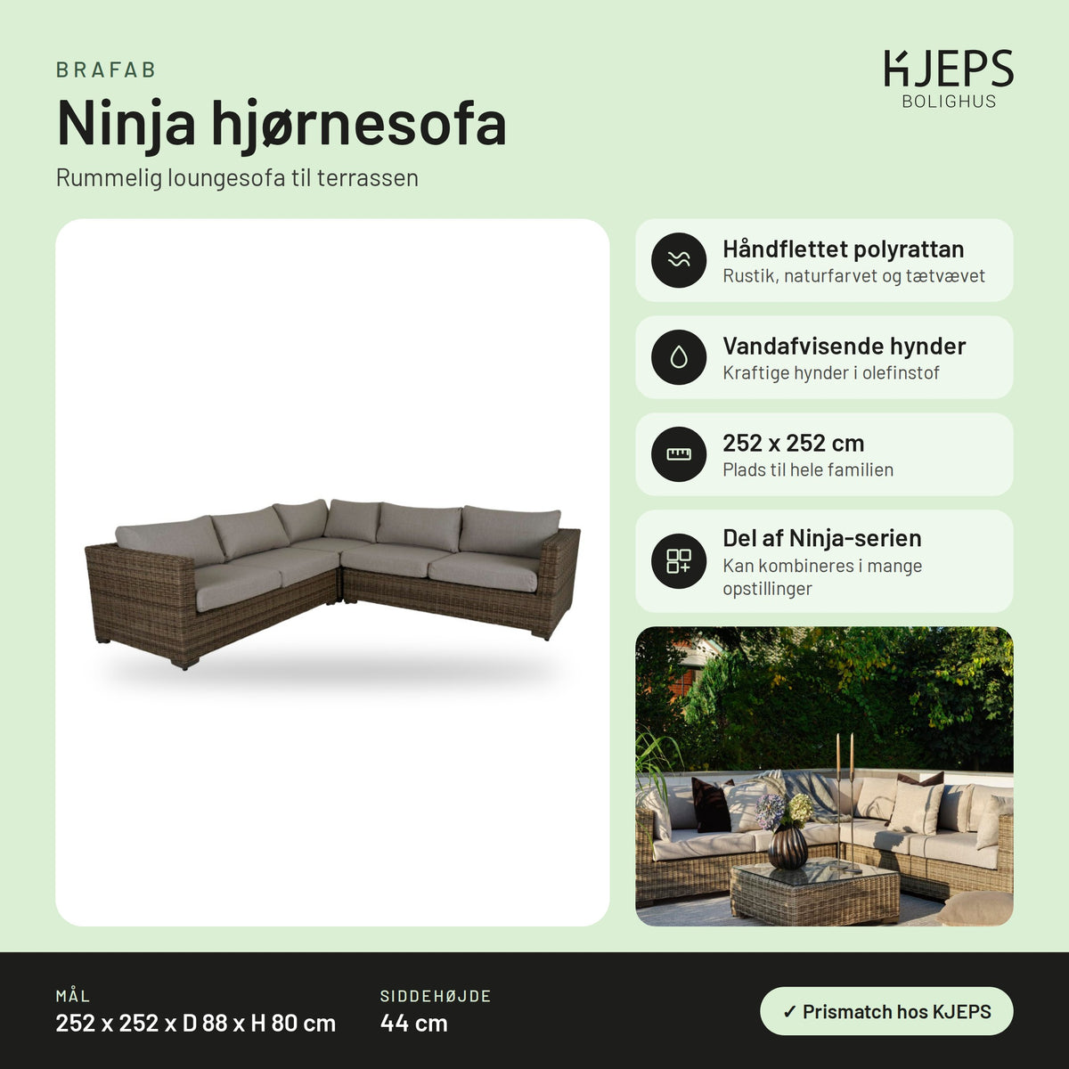 Brafab Ninja hjørnesofa – infografik med mål og materialer