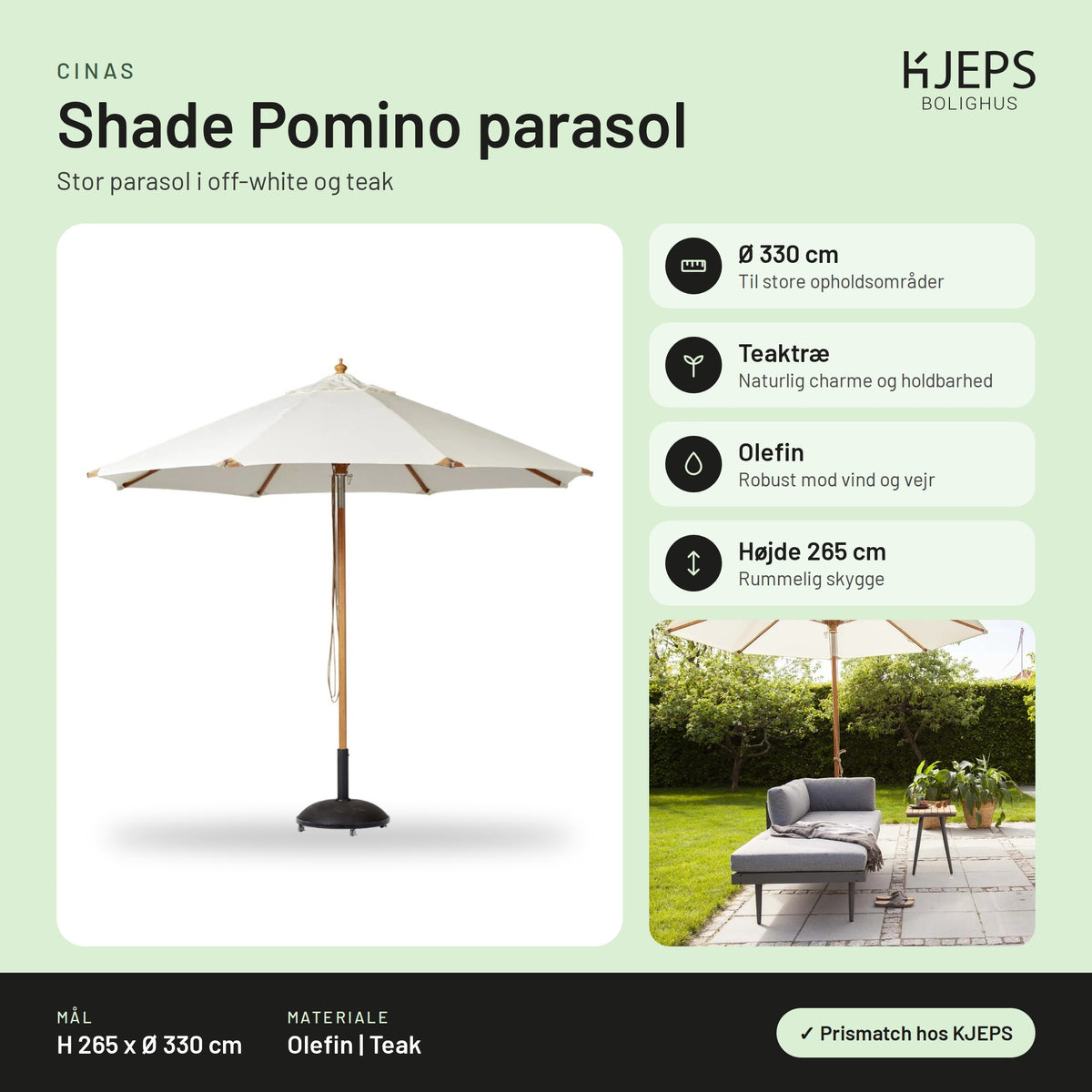 Cinas Shade Pomino parasol – infografik med mål og materialer