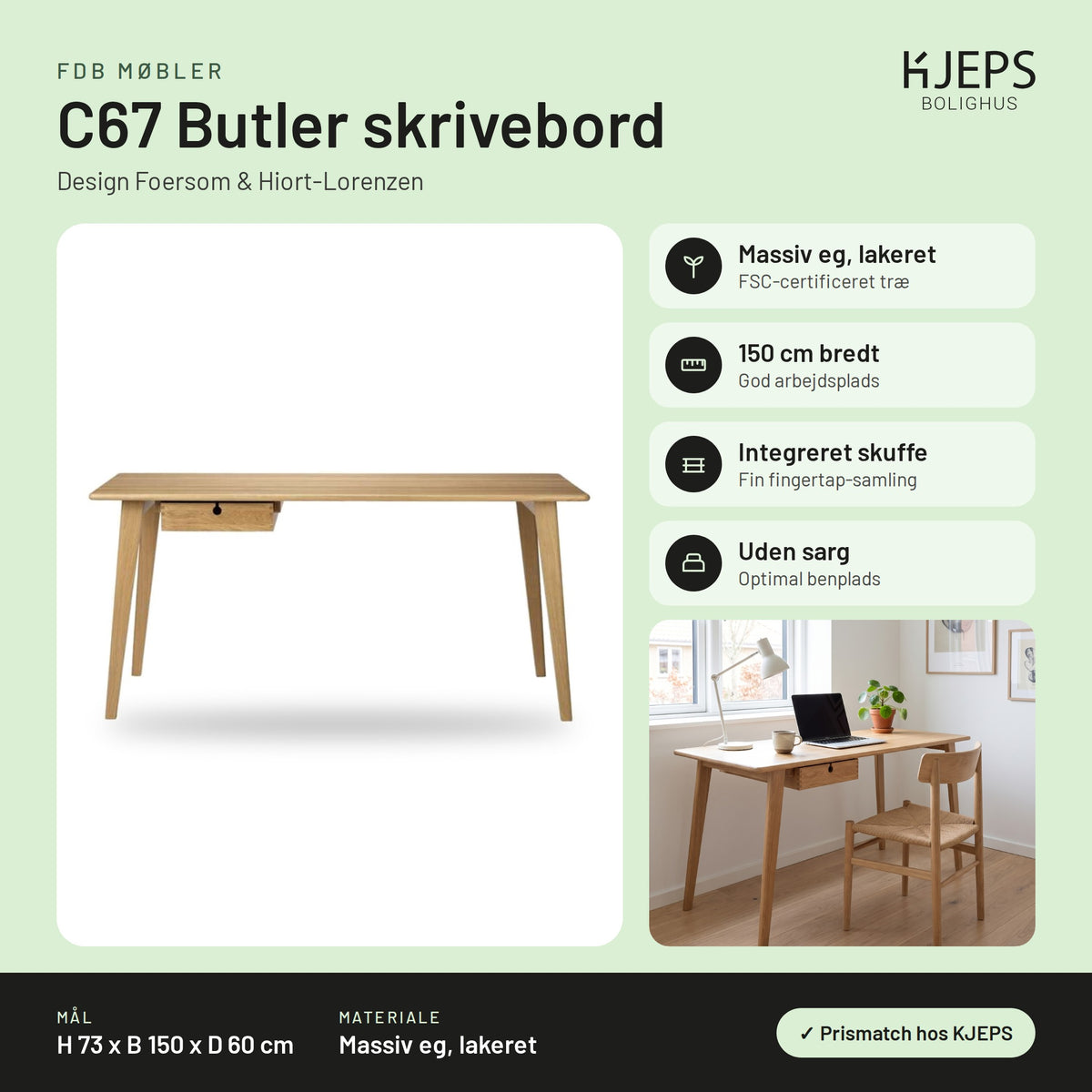 FDB Møbler C67 Butler skrivebord – infografik med mål og materialer