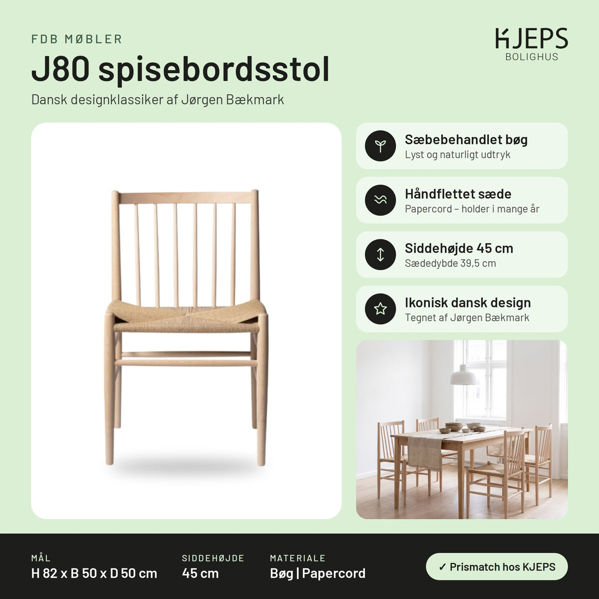 FDB Møbler J80 spisebordsstol – infografik med mål og materialer