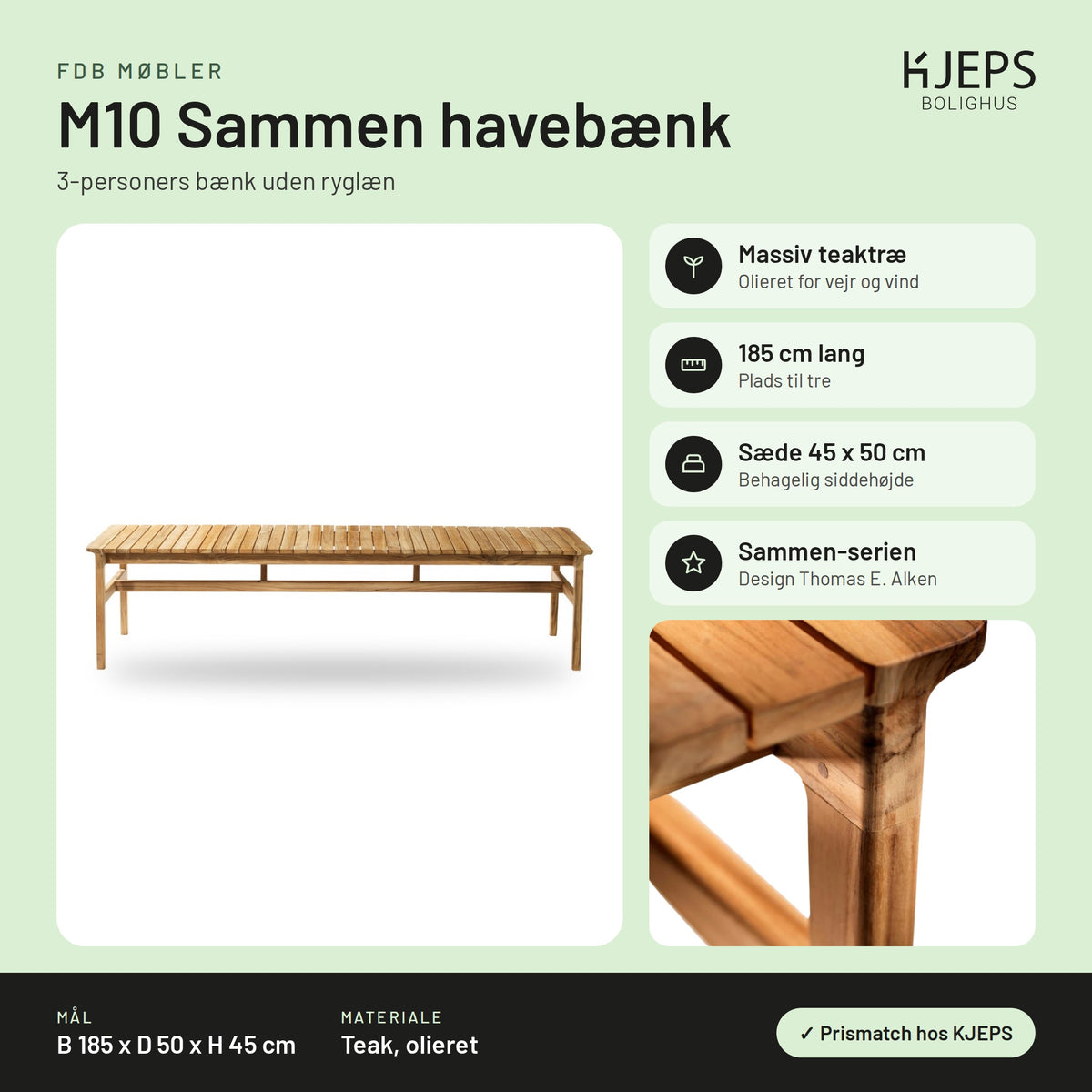 FDB Møbler M10 Sammen havebænk – infografik med mål og materialer