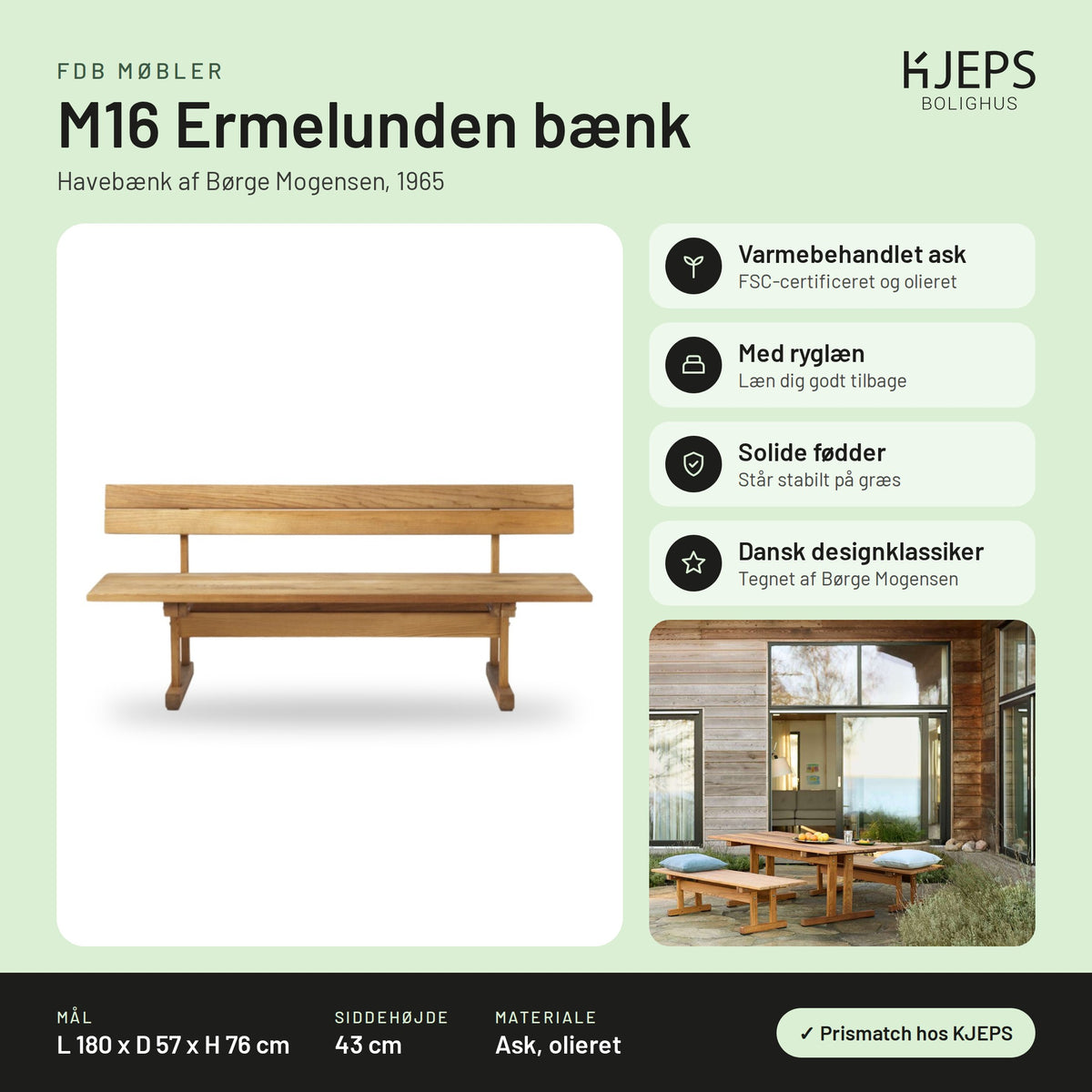 FDB Møbler M16 Ermelunden bænk – infografik med mål og materialer
