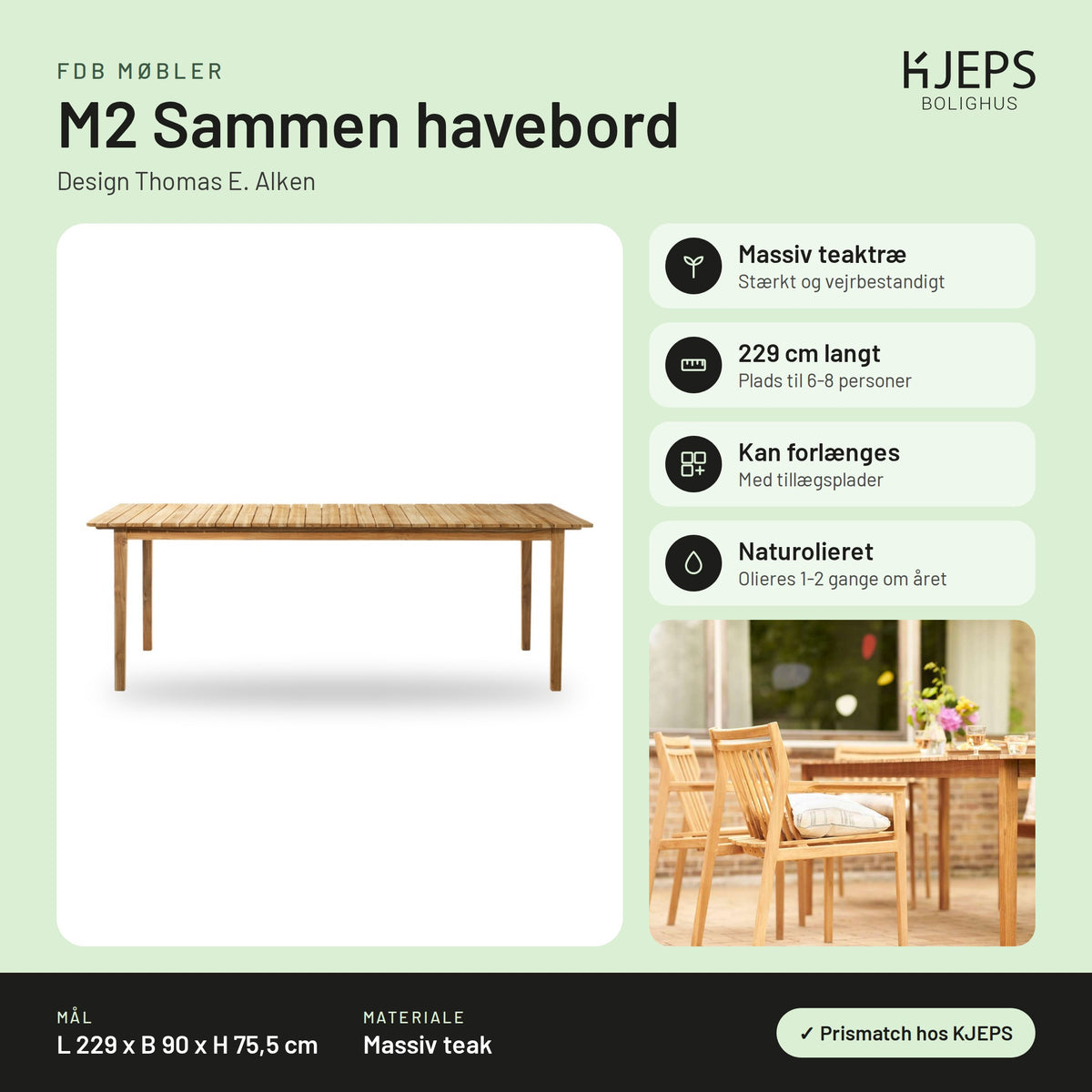 FDB Møbler M2 Sammen havebord – infografik med mål og materialer