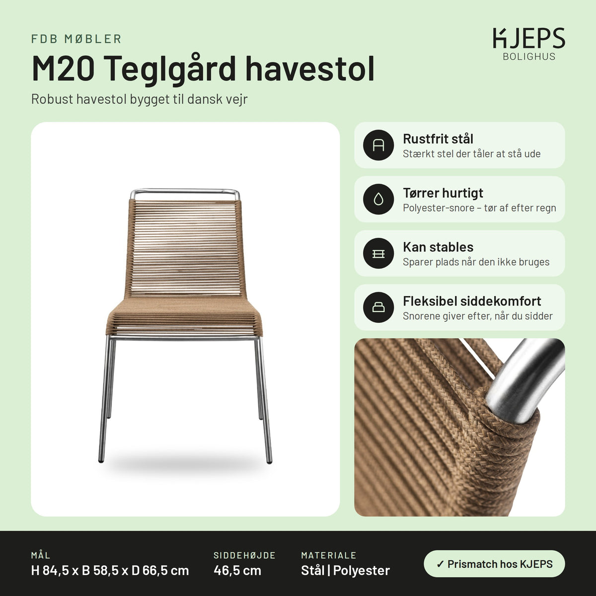 FDB Møbler M20 Teglgård havestol – infografik med mål og materialer