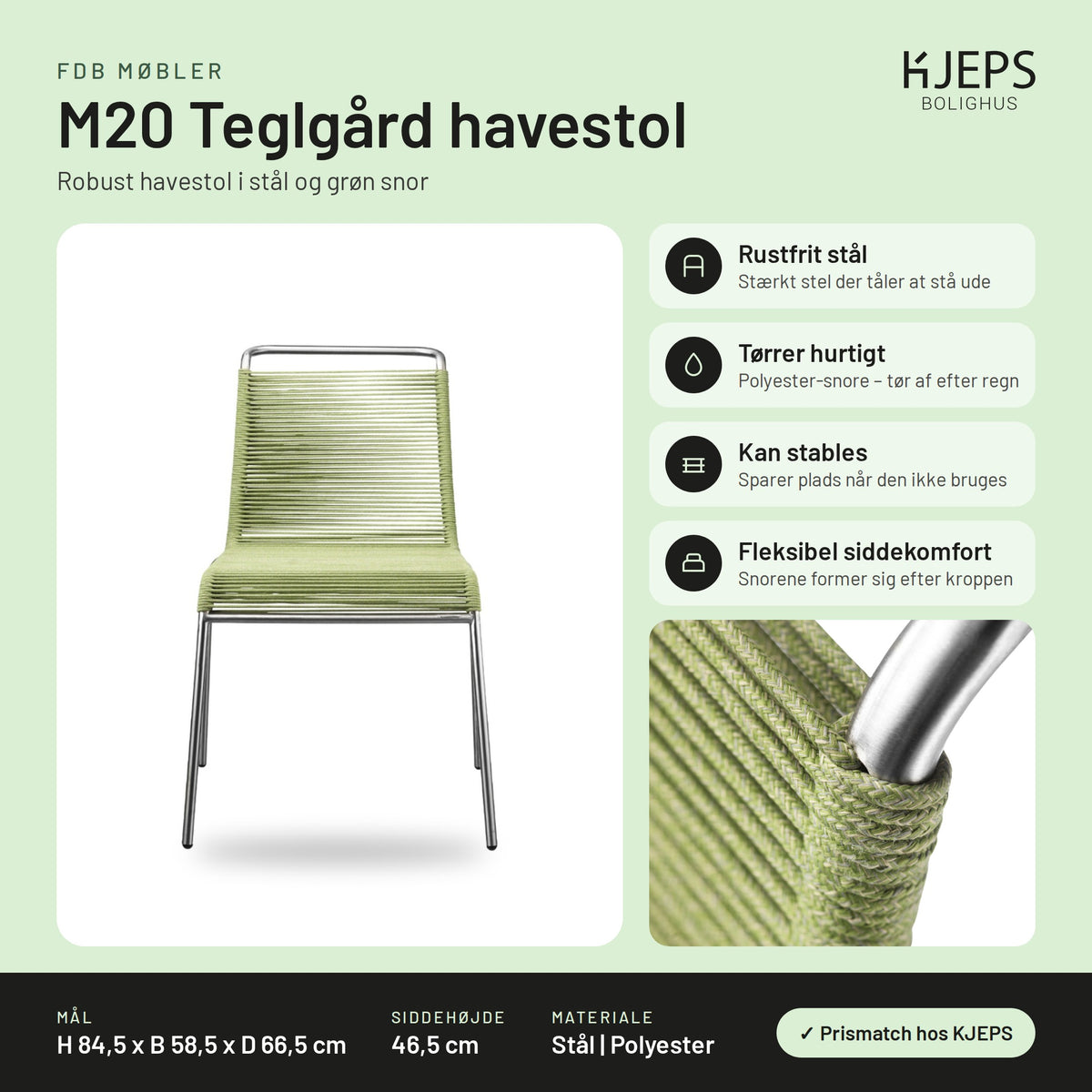 FDB Møbler M20 Teglgård havestol – infografik med mål og materialer