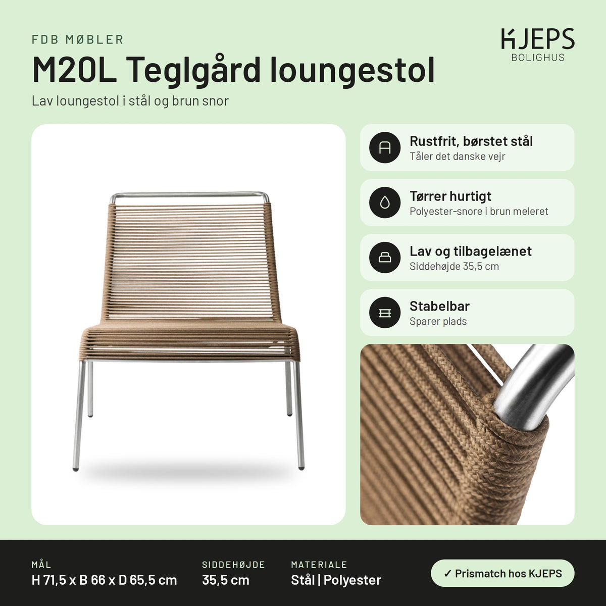 FDB Møbler M20L Teglgård loungestol – infografik med mål og materialer