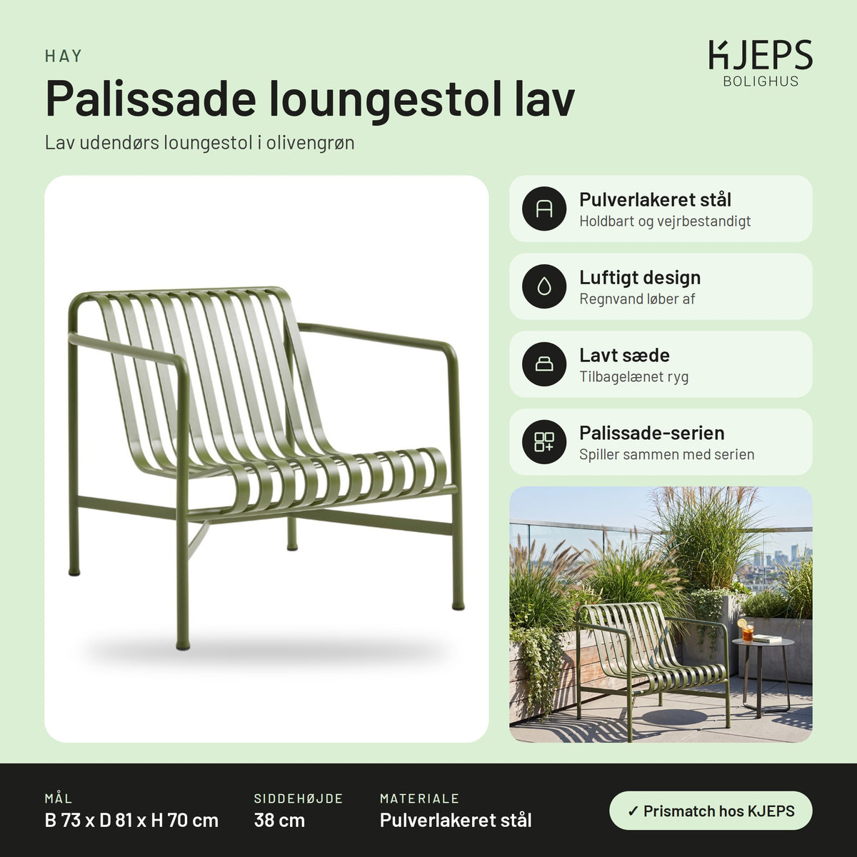 HAY Palissade loungestol lav – infografik med mål og materialer
