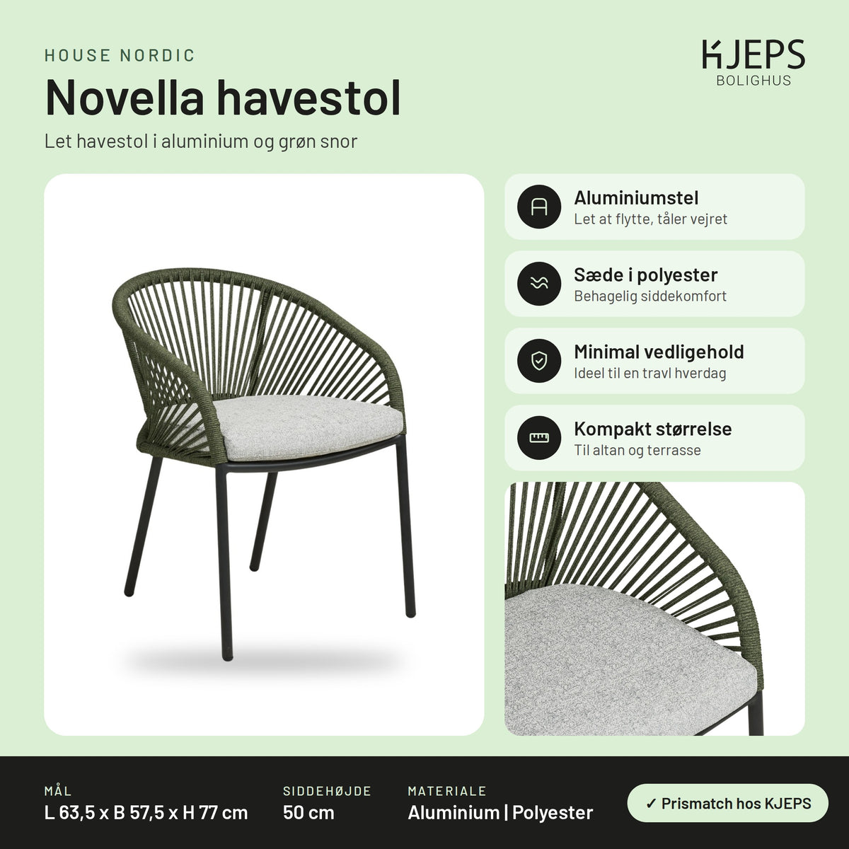 House Nordic Novella havestol – infografik med mål og materialer