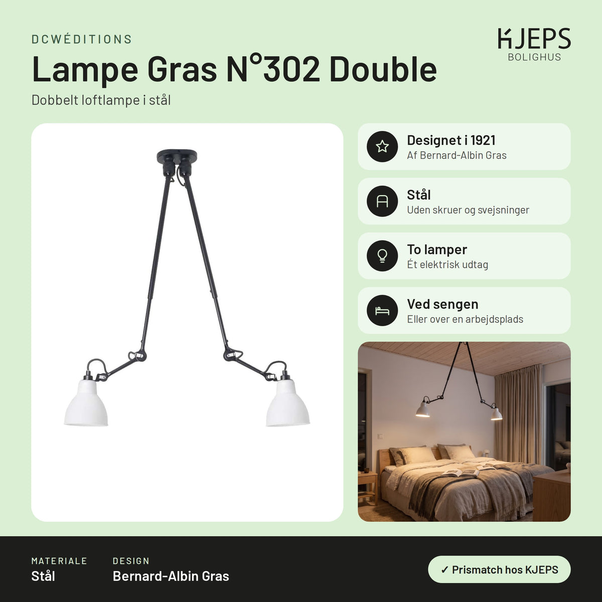 DCWéditions Lampe Gras N°302 Double – infografik med mål og materialer