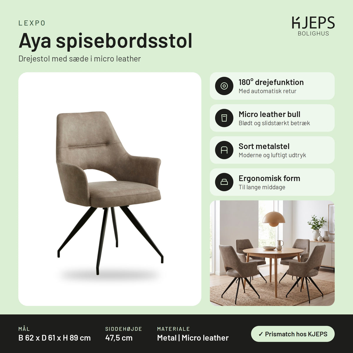 Lexpo Aya spisebordsstol – infografik med mål og materialer