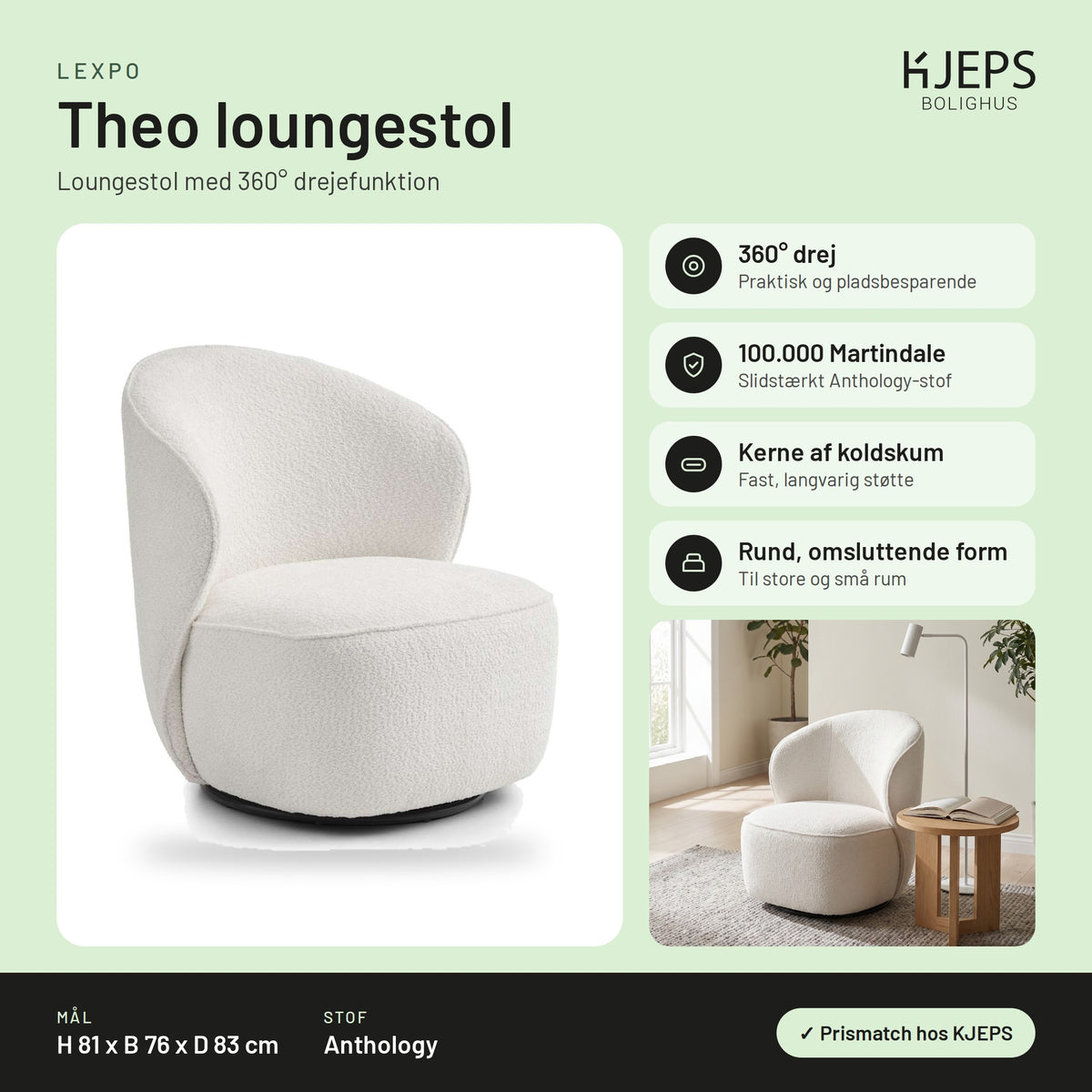 Lexpo Theo loungestol – infografik med mål og materialer