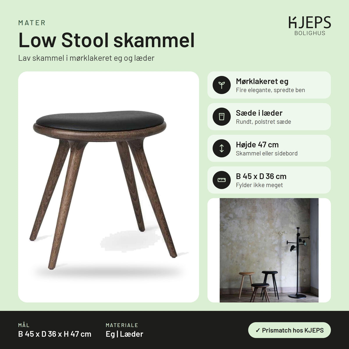 Mater Low Stool skammel – infografik med mål og materialer