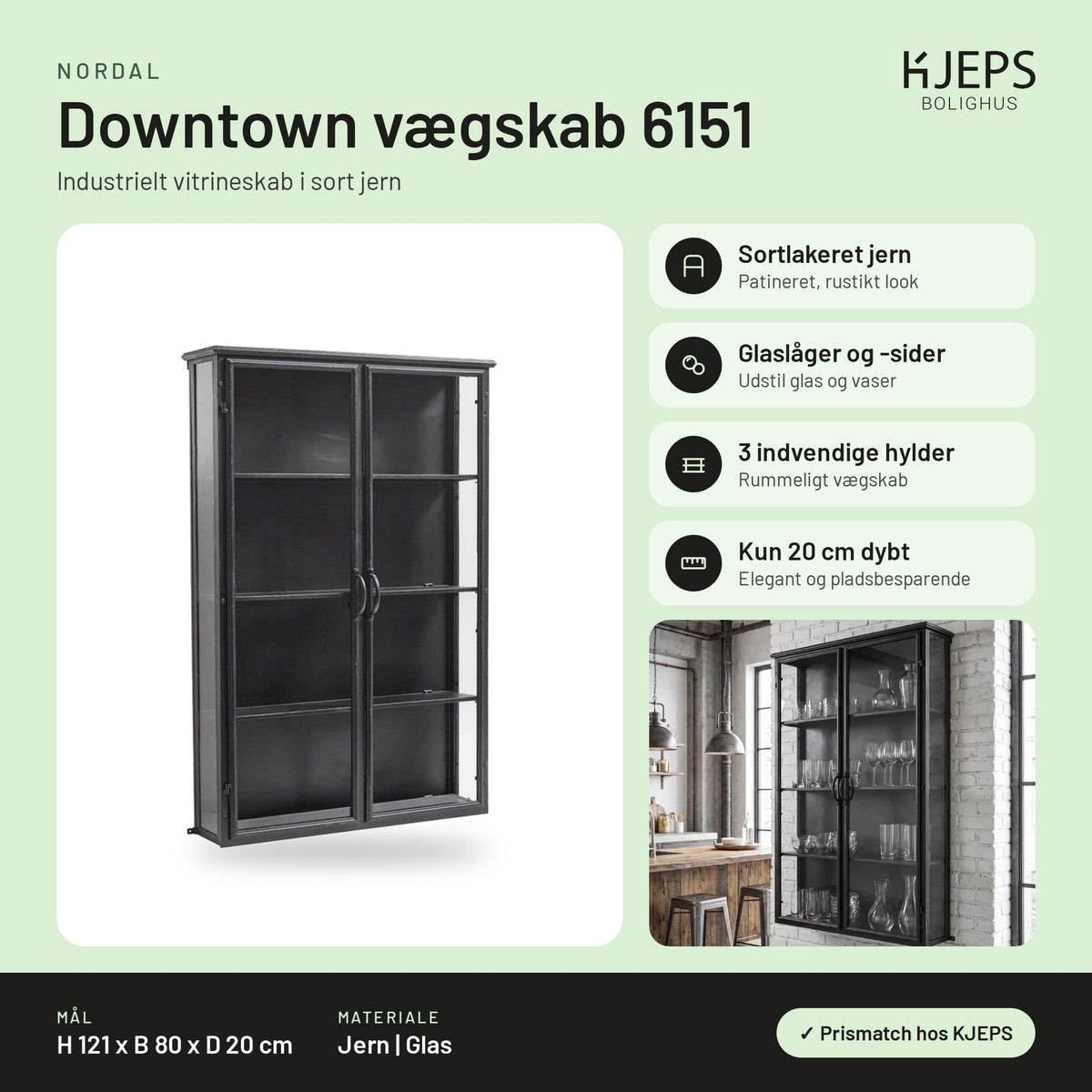 Nordal Downtown vægskab 6151 – infografik med mål og materialer