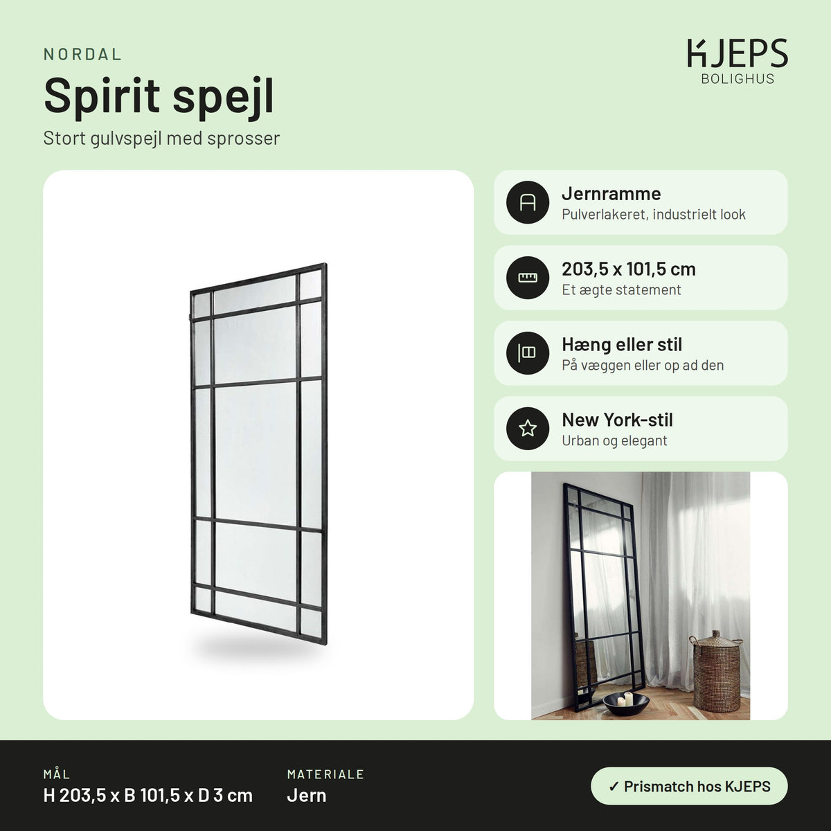 Nordal Spirit spejl – infografik med mål og materialer