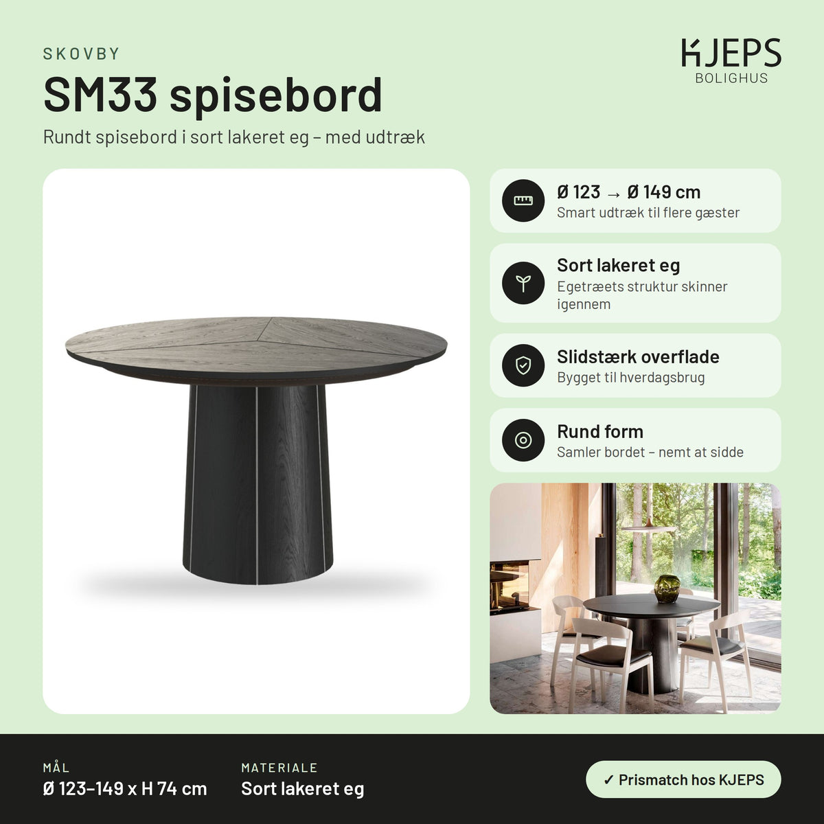 Skovby SM33 spisebord – infografik med mål og materialer