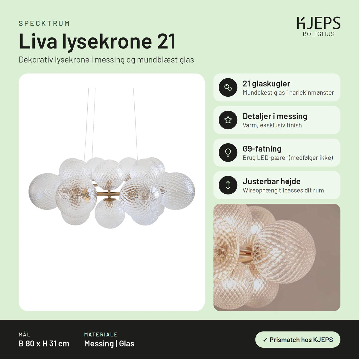 Specktrum Liva lysekrone 21 – infografik med mål og materialer