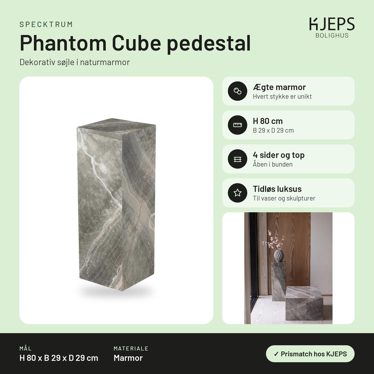 Specktrum Phantom Cube pedestal – infografik med mål og materialer