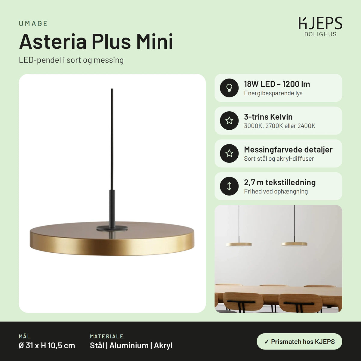 Umage Asteria Plus Mini – infografik med mål og materialer