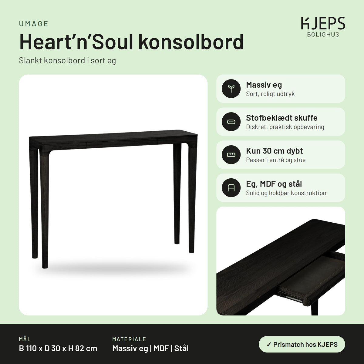 Umage Heart’n’Soul konsolbord – infografik med mål og materialer